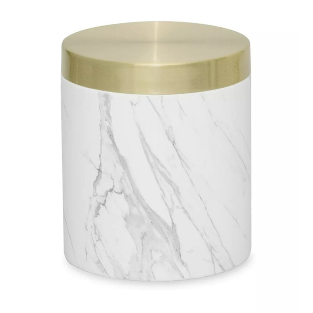 DKNY Faux Marble Jar with Gold Tone Lid Mixed Media Cover White Gray Black NWT